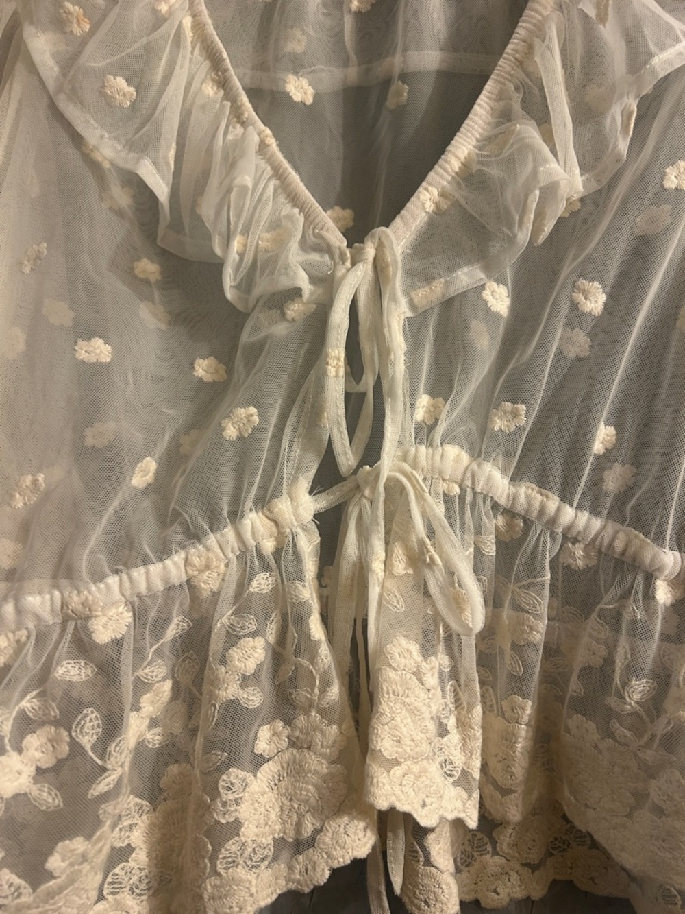 Sheer Ivory Lace Ruffle Tie-Front Blouse - Picture 2 of 6